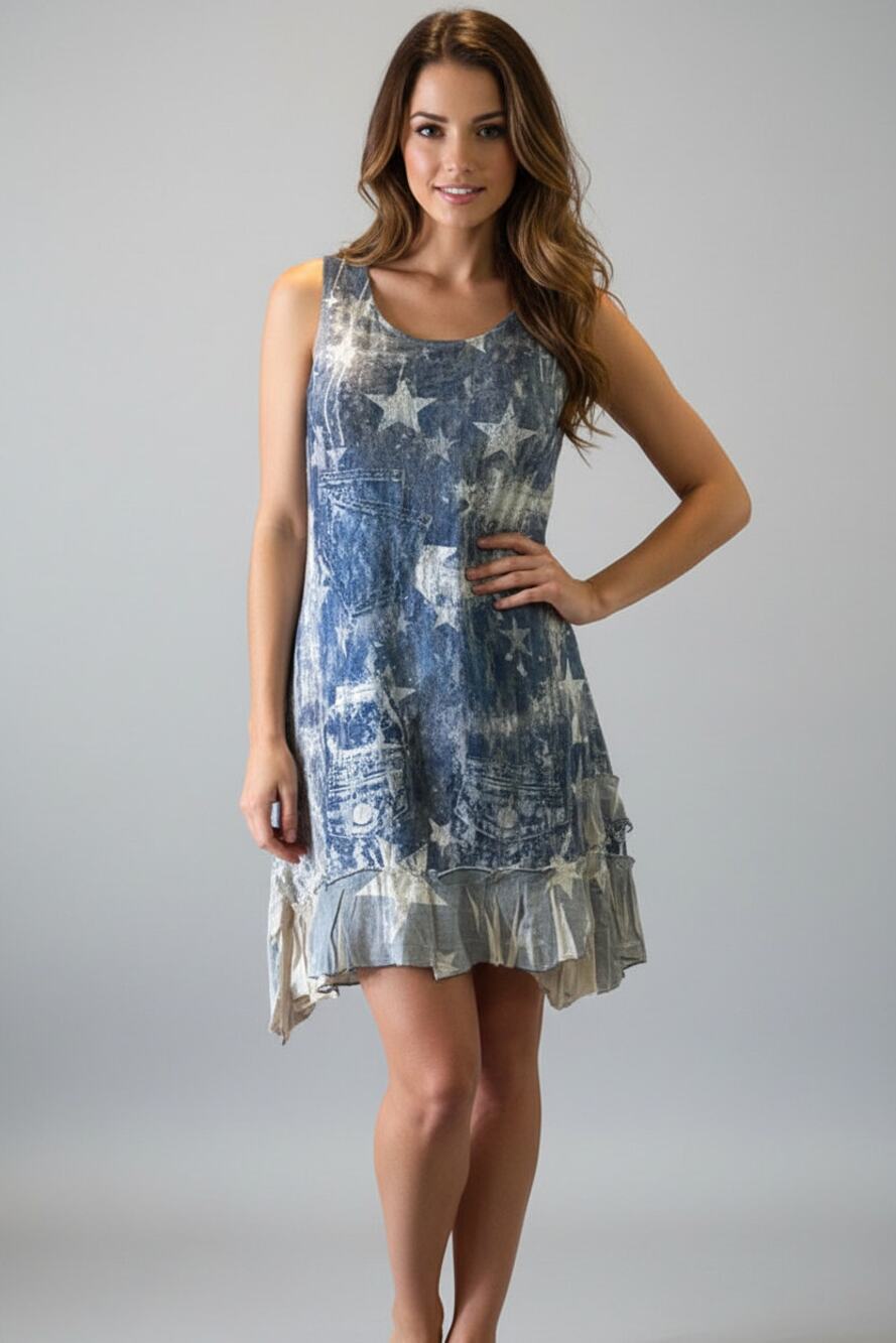 Origami Blue Stars Lined All Lace Dress Small